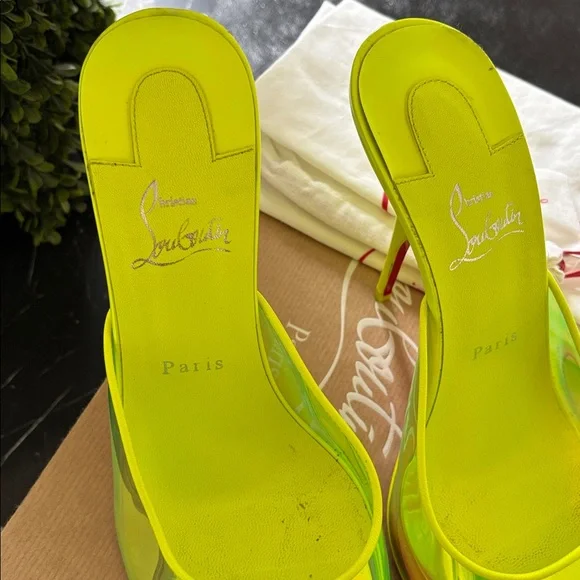 Christian Louboutin Iridescent Neon Yellow Slide Heels - Picture 3 of 7
